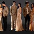 Group of People In Formal Suits And Elegant Dresses Beige Gold Tones Dark Background