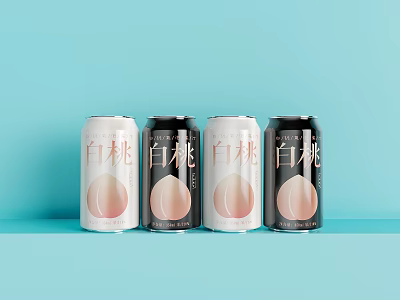 Four White Peach Flavored Canned Drinks On Blue Background 3d model