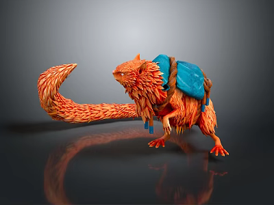Furry Orange Game Movie Character With Long Tail And Blue Backpack Tied With Rope 3d model