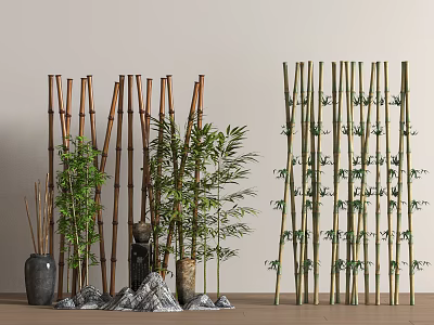 Natural Bamboo Screens Potted Plants And Stones For Indoor Decorative Arrangement 3d model