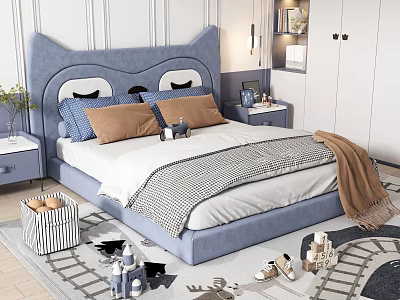 Cozy Blue Children's Bed With Cartoon Cat Shaped Headboard Pillows And Toys Around 3d model