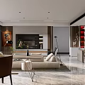 Modern Living Dining Area Interior With Gray Sofa Wooden Table And Orange Pendant Lights