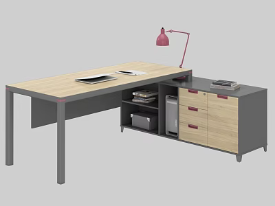Office Desk With Light Wood Top Gray Legs Red Lamp Notebook Pen Side Cabinet 3d model