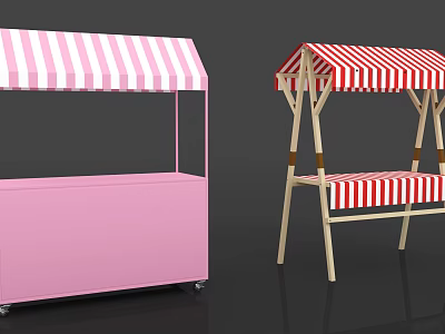 Colorful Utility Carts With Red White Striped Awnings Pink Wheeled Cart And Wooden Frame Design 3d model