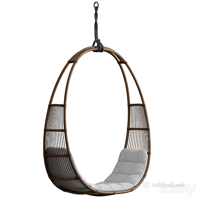 Comfortable Stylish Rattan Hanging Chair with Wooden Frame and White Cushion 3d model 