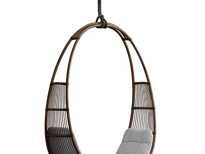Comfortable Stylish Rattan Hanging Chair with Wooden Frame and White Cushion 3d model