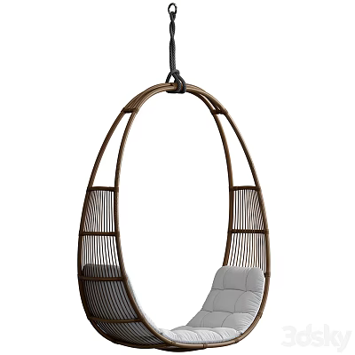 Comfortable Stylish Rattan Hanging Chair with Wooden Frame and White Cushion 3d model