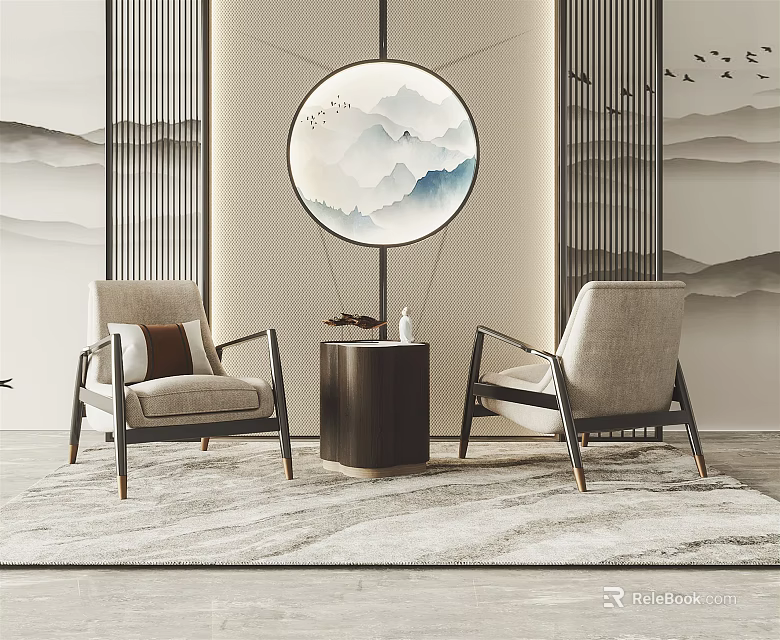 Modern Chinese Leisure Sofa Set with Armchairs Small Table and Circular Landscape Art 3d model