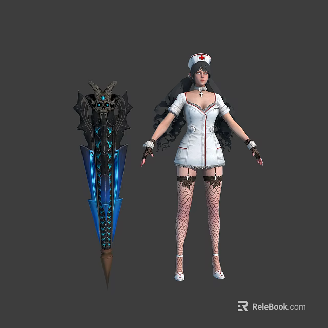 Nurse Character In Fantasy White Uniform With Black Hair And Blue Glowing Creature 3d model 