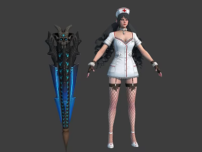 Nurse Character In Fantasy White Uniform With Black Hair And Blue Glowing Creature 3d model