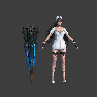Nurse Character In Fantasy White Uniform With Black Hair And Blue Glowing Creature 3d model