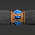 Fantasy Battle Axe With Gray Head Orange Ring Blue Gemstone Red Handle And Yellow Base
