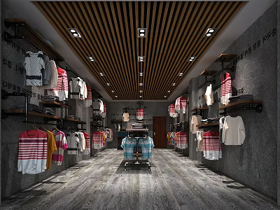 Modern Clothing Store Interior With Wooden Ceiling And Hanging Colorful Clothes 3d model