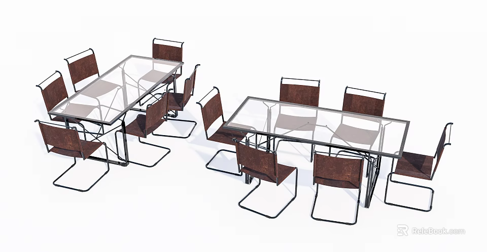 Two Modern Office Desks With Glass Top Metal Frame And Brown Leather Chairs 3d model 