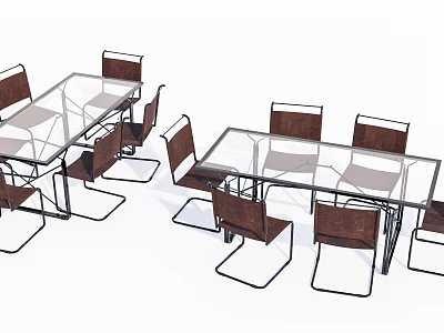Two Modern Office Desks With Glass Top Metal Frame And Brown Leather Chairs 3d model