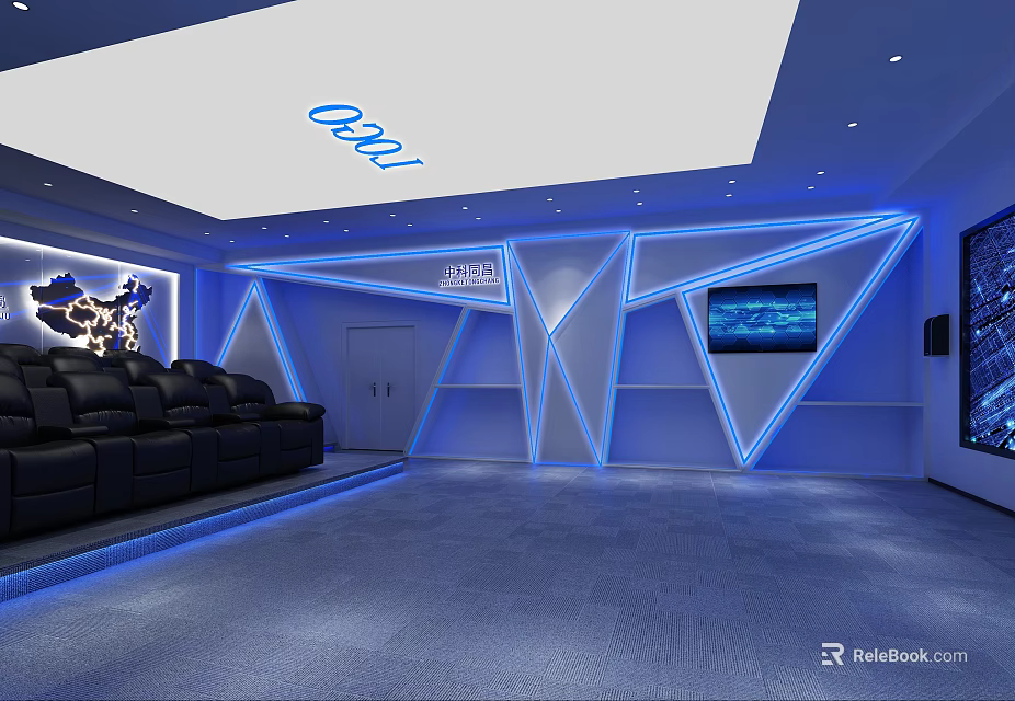 Modern Home Theater Room With Black Leather Sofas Blue LED Lights And Wall TV 3d model 