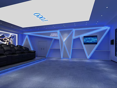 Modern Home Theater Room With Black Leather Sofas Blue LED Lights And Wall TV 3d model