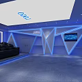 Modern Home Theater Room With Black Leather Sofas Blue LED Lights And Wall TV