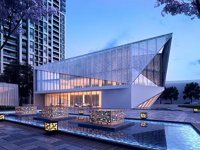Elegant Modern Sales Office Building With Glass Curtain Wall Water Pool High Rise Night Background 3d model