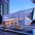 Elegant Modern Sales Office Building With Glass Curtain Wall Water Pool High Rise Night Background