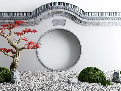 Traditional Garden Ornament With Circular Moon Gate Red Maple Shrubs Stones And Pebbles 3d model