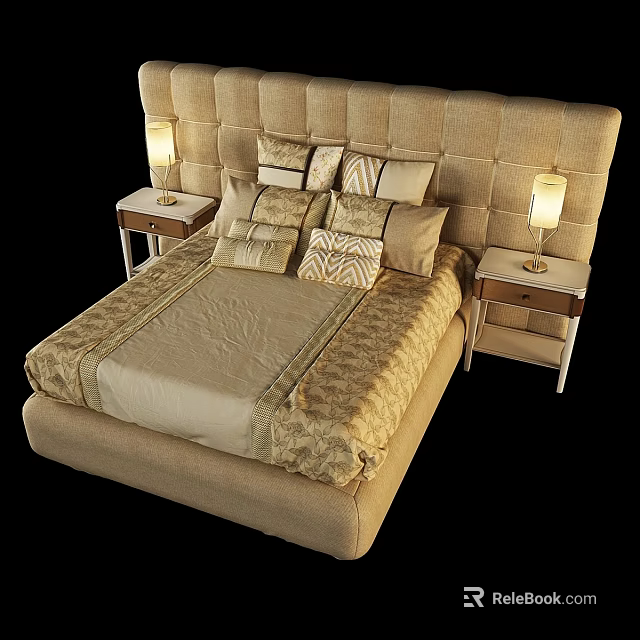 Beige Modern Double Bed With Tufted Headboard Decorative Pillows And Nightstand Lamps 3d model 