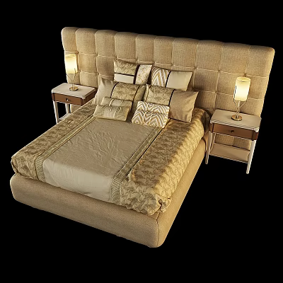 Beige Modern Double Bed With Tufted Headboard Decorative Pillows And Nightstand Lamps 3d model