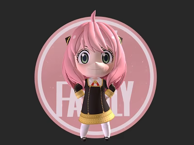 Cute Pink Haired Doll with Big Eyes in Black Outfit and Pink Circular Family Background 3d model