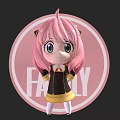 Cute Pink Haired Doll with Big Eyes in Black Outfit and Pink Circular Family Background 3d model