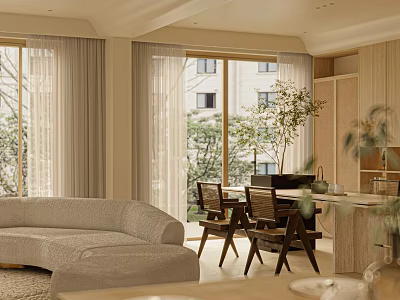 Modern Living And Dining Room Interior With Large Windows Natural Light And Indoor Plants 3d model