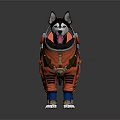 Dog In Orange Spacesuit With Straps And Emblem Patches Standing On White Background