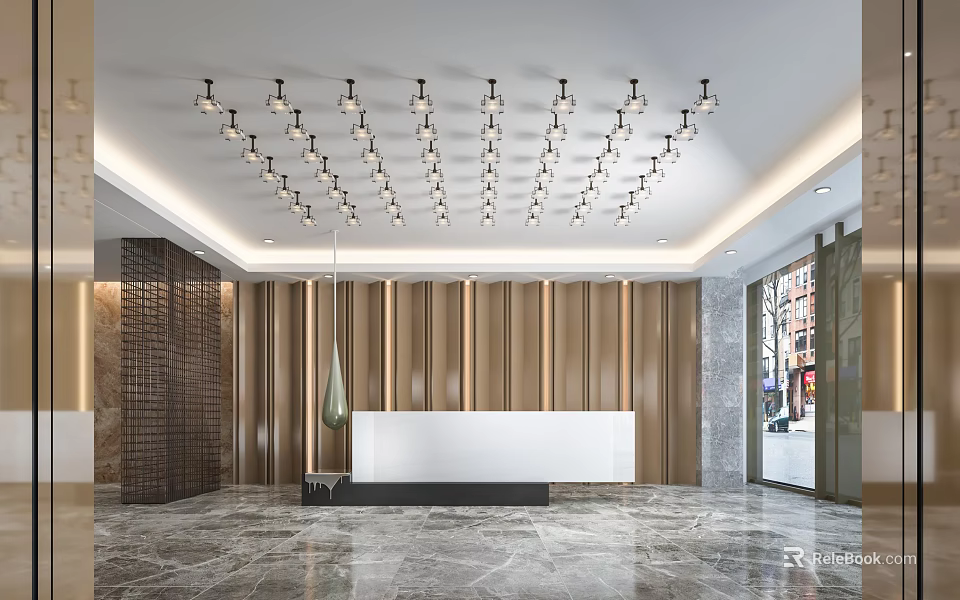 Modern Front Desk Reception Interior With Stylish Ceiling Lights And Marble Floor Design 3d model 