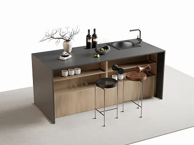Modern Bar Counter With Black Countertop Wooden Cabinets Sink Faucet Bottles Glasses And Stools 3d model