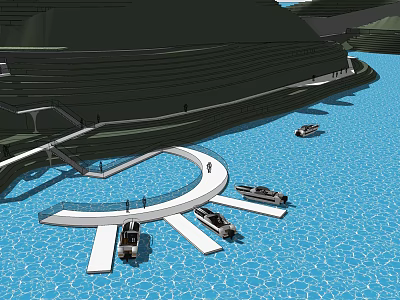 Waterfront Landscape Design Featuring Curved Walkway And Moored Boats On Blue Water 3d model