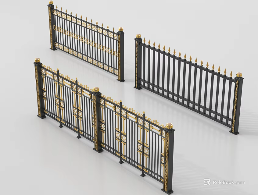 Ornamental Metal Railings With Black Gold Accents And Spiked Top Designs 3d model 