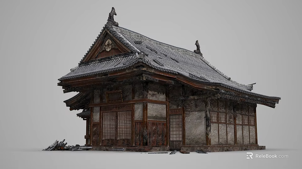 Traditional Ancient Chinese Building With Classic Tile Roof Wooden Structure And Lattice Windows 3d model 