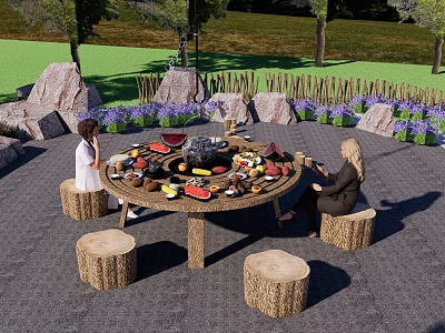 Roof Garden with Round Table Tree Stump Stools Purple Flowers Rocks and Grilled Food 3d model