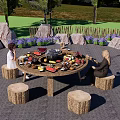 Roof Garden with Round Table Tree Stump Stools Purple Flowers Rocks and Grilled Food