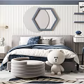 Blue Gray Kids Room With Bed Desk Chair Chandelier Stuffed Toy Rug And Hexagon Decor