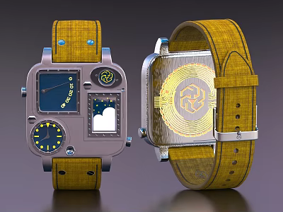 Watch Featuring Ocean Display Multiple Dials Yellow Leather Strap Metallic Case And Inner Circuit Pattern 3d model