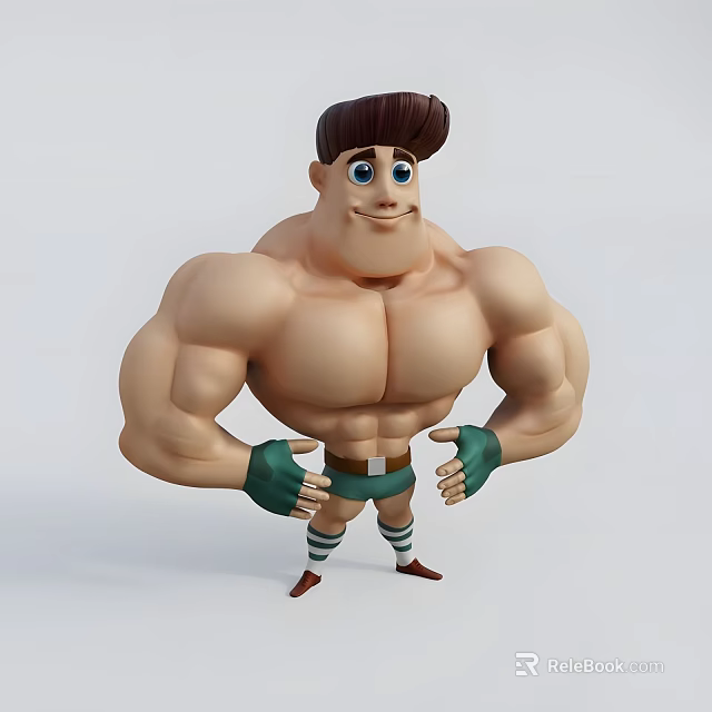 Muscular Cartoon Man Character With Brown Hair Blue Eyes Green Gloves And Striped Socks 3d model 