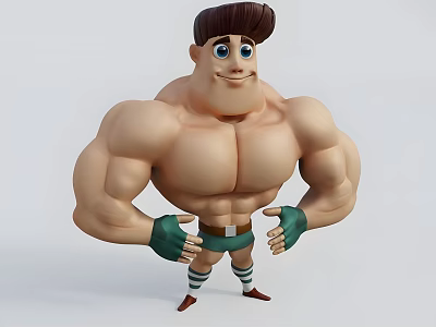 Muscular Cartoon Man Character With Brown Hair Blue Eyes Green Gloves And Striped Socks 3d model