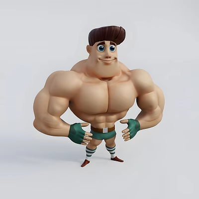 Muscular Cartoon Man Character With Brown Hair Blue Eyes Green Gloves And Striped Socks 3d model