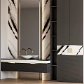 Modern Elegant Bathroom Vanity With Marble Walls Gold Faucet And Dark Cabinets