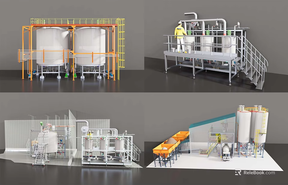 Industrial Equipment With Large Storage Tanks Piping Systems Operation Platforms And Workers 3d model 