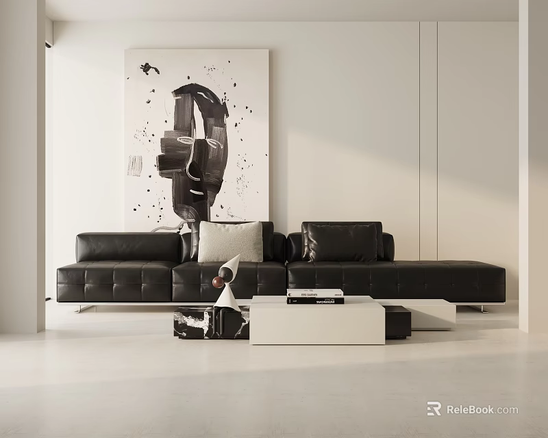 Modern Black Three-seater Sofa In Living Room With Abstract Painting And Coffee Table 3d model 