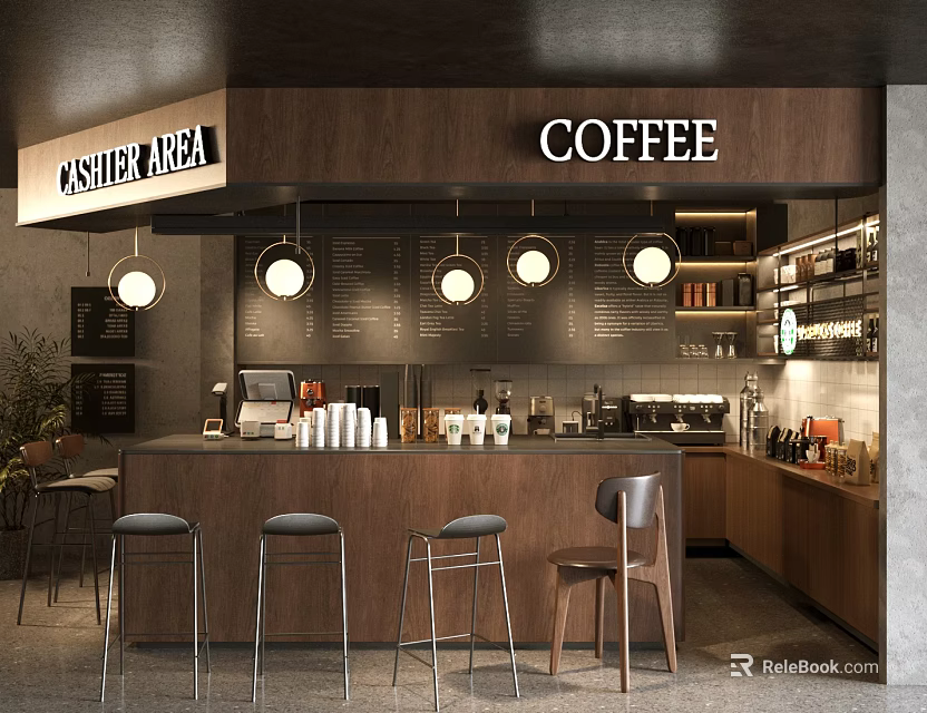 Modern Coffee Shop Interior Design With Cashier Area Wooden Counter Hanging Lights And Stools 3d model 