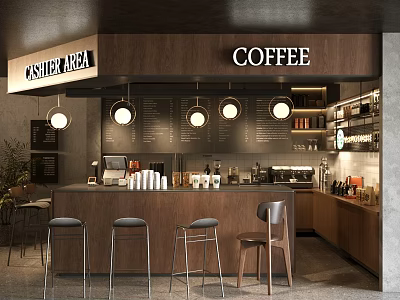 Modern Coffee Shop Interior Design With Cashier Area Wooden Counter Hanging Lights And Stools 3d model