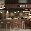 Modern Coffee Shop Interior Design With Cashier Area Wooden Counter Hanging Lights And Stools