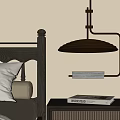 Modern Industrial Chandelier Above Bed With Dark Wooden Headboard And Nightstand